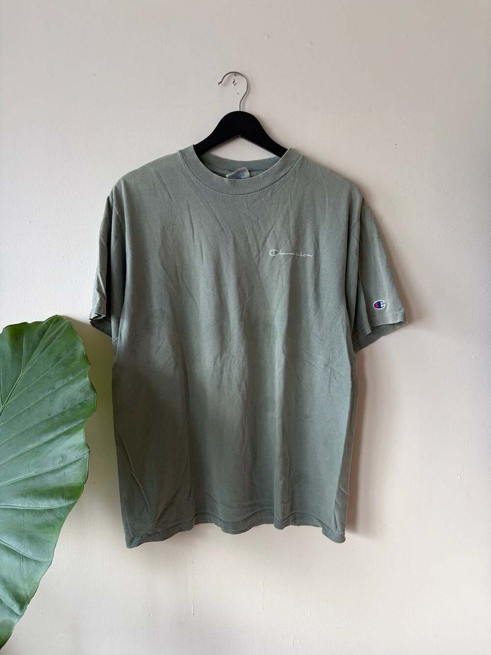 Champion T-Shirt Size L (14-16) Green Vintage Script Logo Tee
